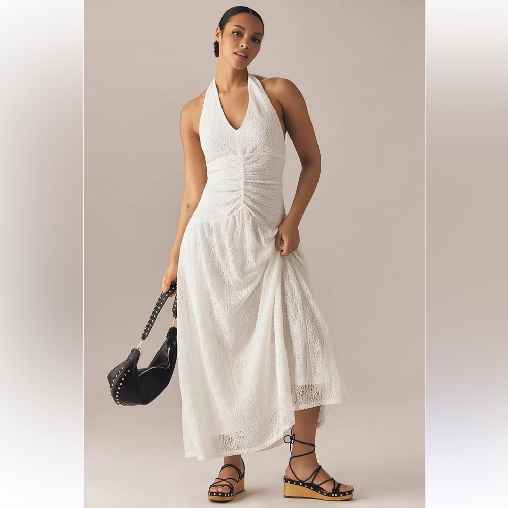 Anthropologie Flat White Lace Gown with Slip Asymmetrical Dress